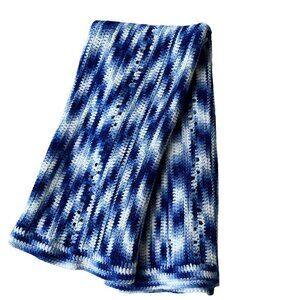 Handmade Blue White Ripple Wave Crochet Throw Afghan Blanket 48"x56" Grandmacore